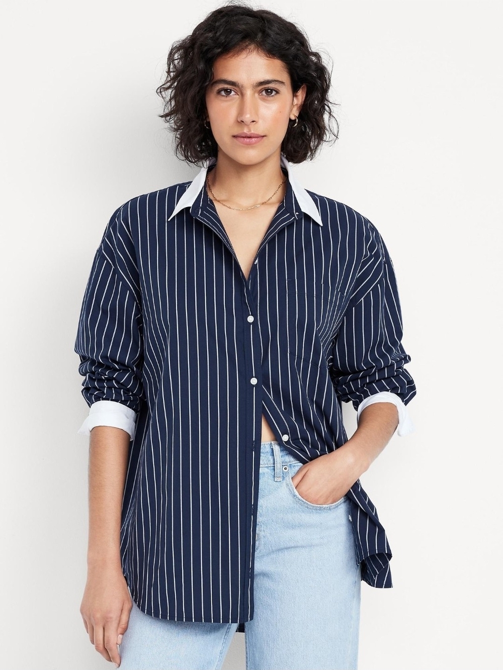 Old Navy Oversized Striped Boyfriend Button Down Shirt Navy Pinstripe XL NWOT
